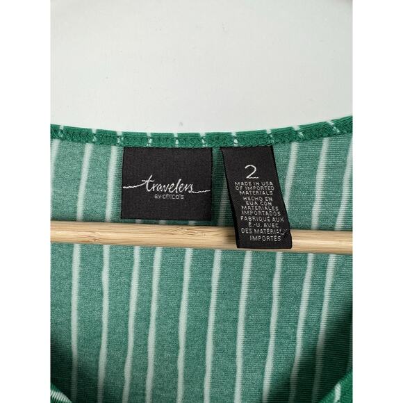 Chicos Travelers Top 2 Large Slinky Knit Green Stripe 3/4 Sleeve Asymmetric - Picture 3 of 7